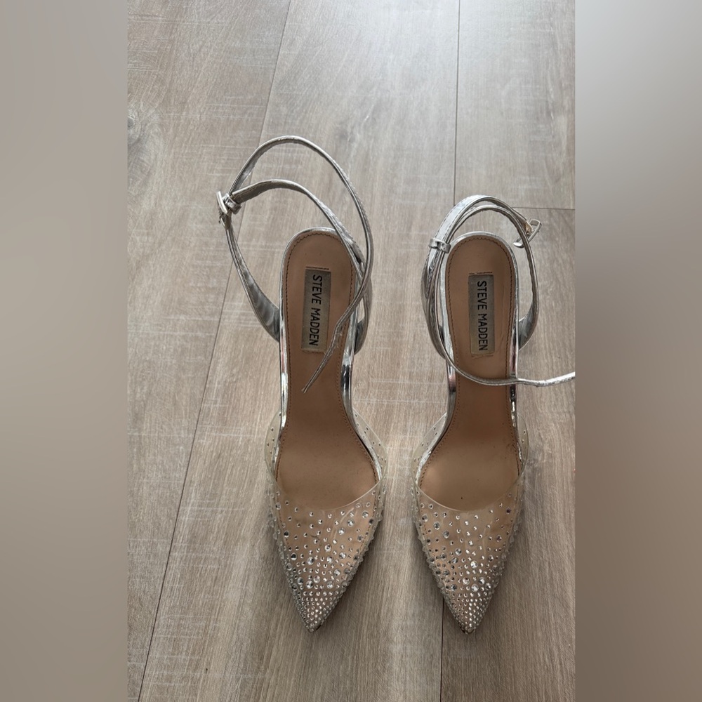 Steve Madden Silver Slingback Heels with Rhinestones